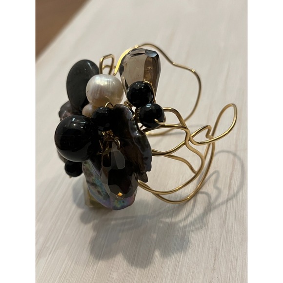 Tonobi Cuff Bracelet Designer Onyx Fox Tail Amethyst & Freshwater Pearl Natural - Picture 2 of 16